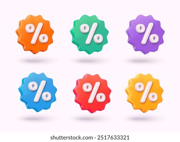 Etiqueta definida com porcentagem e desconto. Ícone do aplicativo. Ilustrações de vetor da Web 3D.