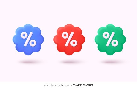Label set with percent and discount. App icon. 3D Web Vector Illustrations.