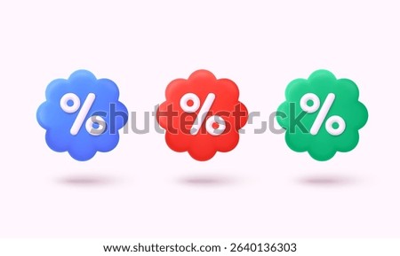 Label set with percent and discount. App icon. 3D Web Vector Illustrations.