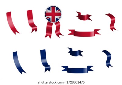 etiqueta, conjunto de cintas rojas y azules con etiqueta, en colores de la bandera de gran bretaña. Vector aislado sobre fondo blanco