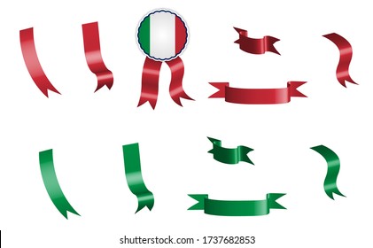 etiqueta, conjunto de cintas rojas y verdes con etiqueta, en colores de la bandera italiana. Vector aislado sobre fondo blanco