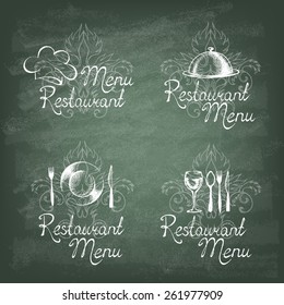 Label set for restaurant menu design on the green blackboard  . Vector illustration.