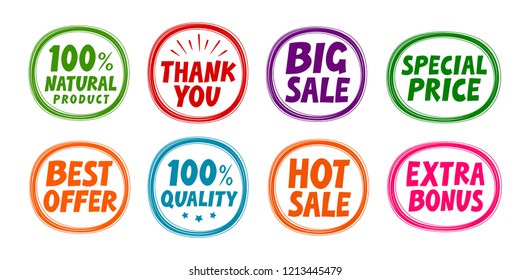 Label set such as Big sale, Best offer, Quality, Natural. Vector illustration