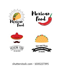 Label set with traditional mexican symbols. Food emblems for restaurant menu mexican food, traditional logo sombrero and cactus. Vector illustration