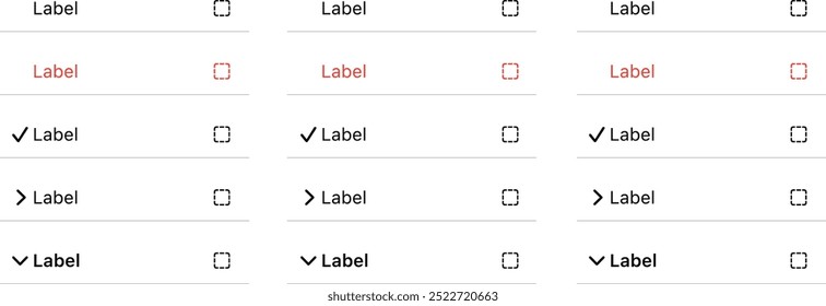 Label set for UI template including Menu Item, Inset, Type, Destructive, Separator, Large, Default, none, open, closed.  User Interface Elements. Vector Icon set for Mobile, Web, Social Media elements