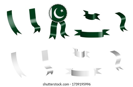 label, set of white and green ribbons with tag, in colors of flag of the Islamic Republic of Pakistan. Isolated vector on white background