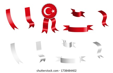 label, set of white and red ribbons with tag, in colors flag of Republic of Turkey. Isolated vector on white background