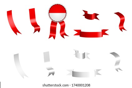 label, set of white and red ribbons with tag, in colors of Indonesia flag. Isolated vector on white background