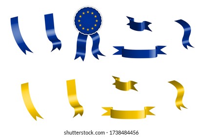 label, set of yellow and blue ribbons with tag, in colors of flag of the European Union. Isolated vector on white background