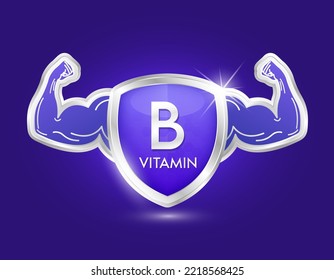 Protector de etiqueta de aluminio vitamina B púrpura con músculos del brazo fuertes. El cuerpo de protección permanece sano. Icono de etiqueta adhesiva 3d aislado realista para alimentos de productos nutritivos. Ilustrador de vectores.