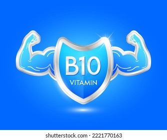 etiqueta de aluminio vitamina B10 azul con músculos del brazo fuertes. El cuerpo de protección permanece sano. Icono de etiqueta adhesiva 3d aislado realista para alimentos de productos nutritivos. Ilustrador de vectores.