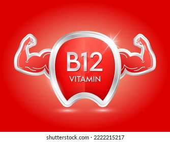 Label Shield Aluminum Vitamin B12 Red With Arm Muscles Strong. Protection Body Stay Healthy. Silver Shield Label Sticker Icon 3d Isolated Realistic For Nutrition Products Food. Vector Illustrator.