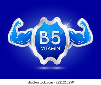 label shield aluminum vitamin B5 blue with arm muscles strong. Protection body stay healthy. Silver shield label sticker icon 3d isolated realistic for nutrition products food. Vector illustrator.