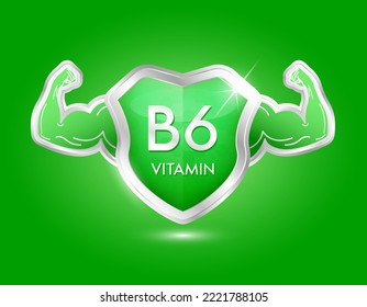 Label Shield Aluminum Vitamin B6 Green With Arm Muscles Strong. Protection Body Stay Healthy. Silver Shield Label Sticker Icon 3d Isolated Realistic For Nutrition Products Food. Vector Illustrator.