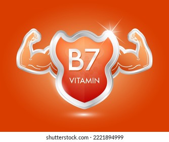 Label Shield Aluminum Vitamin B7 Orange With Arm Muscles Strong. Protection Body Stay Healthy. Silver Shield Label Sticker Icon 3d Isolated Realistic For Nutrition Products Food. Vector Illustrator.