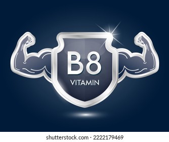 Label Shield Aluminum Vitamin B8 With Arm Muscles Strong. Protection Body Stay Healthy. Silver Shield Label Sticker Icon 3d Isolated Realistic For Nutrition Products Food. Vector Illustrator.