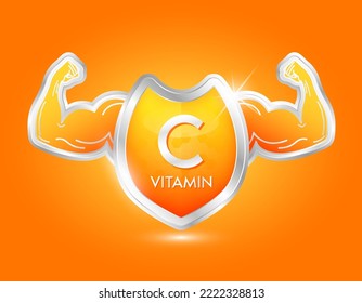 label shield aluminum vitamin C orange with arm muscles strong. Protection body stay healthy. Silver shield label sticker icon 3d isolated realistic for nutrition products food. Vector illustrator.