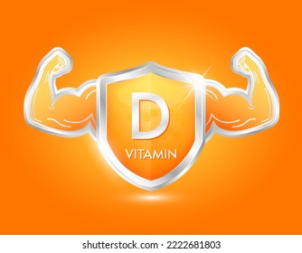 label shield aluminum vitamin D orange with arm muscles strong. Protection body stay healthy. Silver shield label sticker icon 3d isolated realistic for nutrition products food. Vector illustrator.