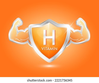 Label Shield Aluminum Vitamin H Orange With Arm Muscles Strong. Protection Body Stay Healthy. Silver Shield Label Sticker Icon 3d Isolated Realistic For Nutrition Products Food. Vector Illustrator.