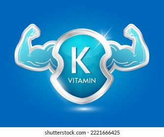 label shield aluminum vitamin K blue with arm muscles strong. Protection body stay healthy. Silver shield label sticker icon 3d isolated realistic for nutrition products food. Vector illustrator.