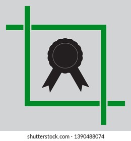Label sign ribbons. Black icon inside green crop tool at light gray background