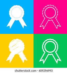 Label sign ribbons. Four styles of icon on four color squares.