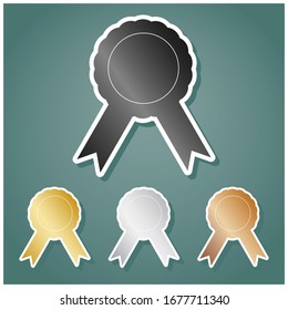 Label sign ribbons. Set of metallic Icons with gray, gold, silver and bronze gradient with white contour and shadow at viridan background. Illustration.