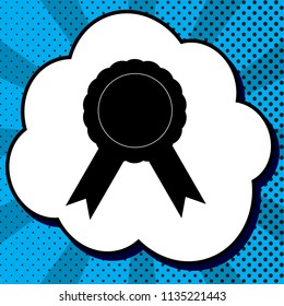 Label sign ribbons. Vector. Black icon in bubble on blue pop-art background with rays.