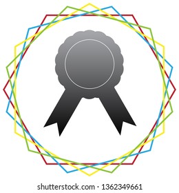 Label sign ribbons. Vector. Black icon with patch of light inside colorful hexagonal frames at white background.