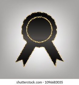 Label sign ribbons. Vector. Blackish icon with golden stars at grayish background.