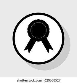 Label sign ribbons. Vector. Flat black icon in white circle with shadow at gray background.