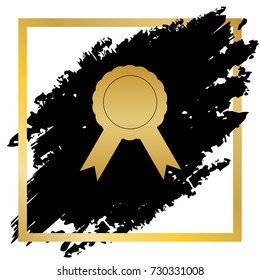 Label sign ribbons. Vector. Golden icon at black spot inside golden frame on white background.