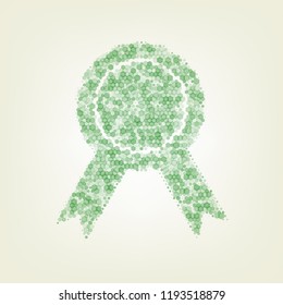 Label sign ribbons. Vector. Green hexagon rastered icon and noised opacity and size at light green background with central light.