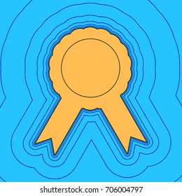 Label sign ribbons. Vector. Sand color icon with black contour and equidistant blue contours like field at sky blue background. Like waves on map - island in ocean or sea.