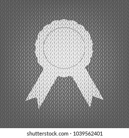 Label sign ribbons. Vector. White knitted icon on gray knitted background. Isolated.