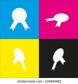 Label sign ribbons. Vector. White icon with isometric projections on cyan, magenta, yellow and black backgrounds.