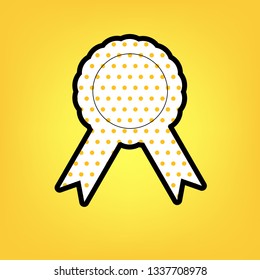 Label sign ribbons. Vector. Yellow polka dot white icon with black contour at warm yellow background.