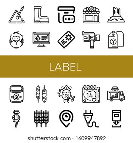 label simple icons set. Contains such icons as Triangle, Monkey, Boots, Banner, Cash on delivery, Coupon, Candy shop, Super, Valley rocks, can be used for web, mobile and logo