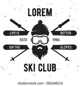 Label of Ski Club. Vintage Mountain winter badge. Outdoor adventure logo design. Travel hand drawn and hipster insignia. Snowboard icon symbol.Vector illustration