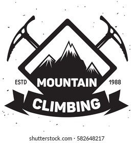 Label of Ski Club. Vintage Mountain winter badge. Outdoor adventure logo design. Travel hand drawn and hipster insignia. Snowboard icon symbol.Vector illustration