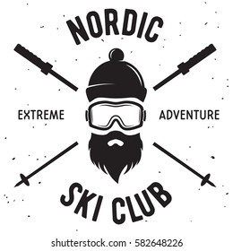 Label of Ski Club. Vintage Mountain winter badge. Outdoor adventure logo design. Travel hand drawn and hipster insignia. Snowboard icon symbol.Vector illustration