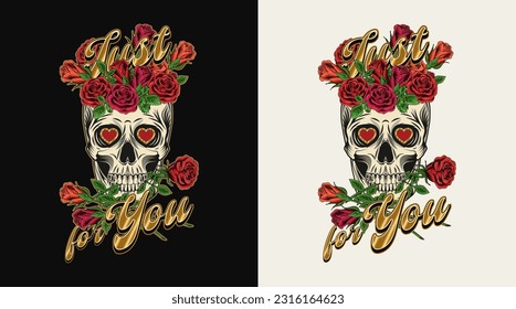 Label with skull like cup full of roses, flower between teeth, golden text. Concept of romance and love. For clothing, t shirt design, engagement event, Valentines Day, gift decoration.