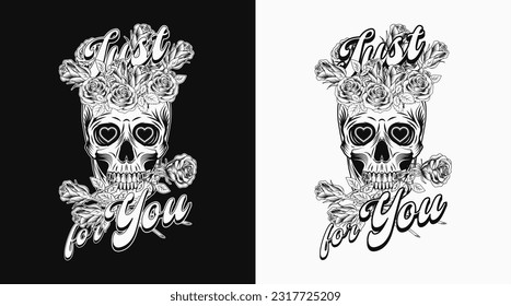 Label with skull like cup full of roses, flower between teeth, golden text. Concept of romance and love. For clothing, t shirt design, engagement event, Valentines Day, gift decoration.