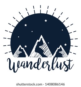 label of snowy mountains with stars to wanderlust travel