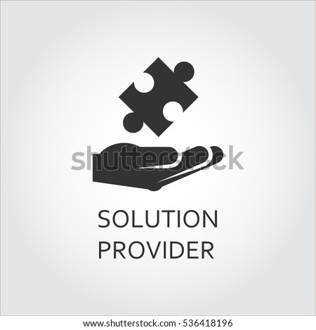 Label of solution provider or innovation as hand giving puzzle. Simple black icon Logo drawn in flat style. Black shape pictograph for your design needs. Vector contour silhouette on white background.