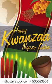 Label with some traditional symbols for Kwanzaa celebration: corn, candles, flag, wooden cup and scroll with Africa silhouette commemorating the Seven Principles of African Heritage (or Nguzo Saba).