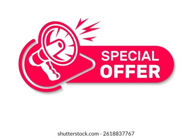Label special offer isolated on white background, for your design web site and branding banner. Best choice, order now, special offer, new and big sale banners. Megaphone label icon logo. Vector 