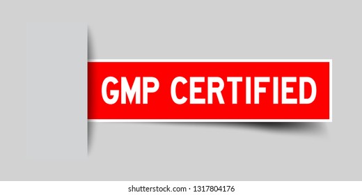 Label square red sticker in word GMP (Good manufacturing practice) certified that insert under gray background (vector)