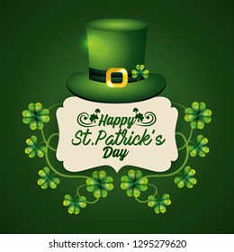 label with st patrick hat and clovers to celebration