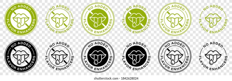 Label or stamp on food packaging. Labeling - Flavored. Information sticker. No flavors. No added flavor enchancers. Does not contain flavor enhancers. Vector illustration.